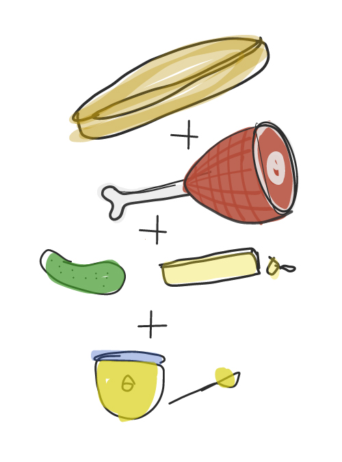 illustration of ham and butter sandwich ingredients