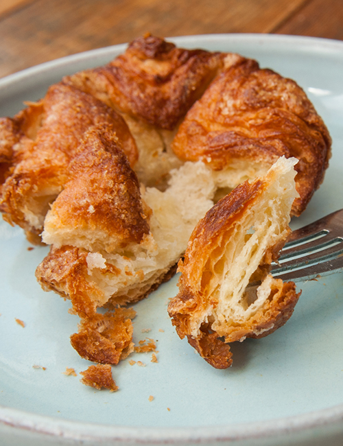 flaky inside view of the Kouign Amann pastry